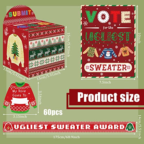 Rtteri 65 Pcs Ugly Sweater Party Voting Cards Sets with Ugly Sweater Contest Ballot Box 60 Voting Cards and 3 Sweater Award Sashes for Winter Xmas Party Game Decorations Office Holiday Party Supplies - Image 5