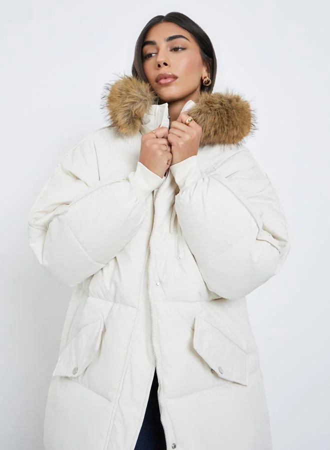 Styli Styli Off White Oversized Padded Parka Coat