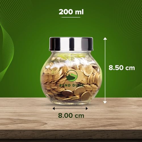SAND DUNE Set of 8, 200 ml Each Storage Glass Jar Steel Cap, Transparent | BPA Free | Storage Jar Containers/Barni for Kitchen for Aachar Pickle, Dry Fruits, Masala, Spices, and dals. - Image 4
