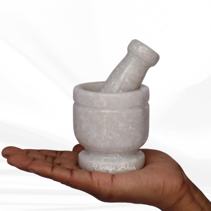 VintageBihar White Marble Mortar and Pestle Set Ideal for Grinding Spices and Herbs Imam Dasta Ohkli Musal KharalKhalbatta and Medicine Grinder Masher White 3x3 Inch - Image 1