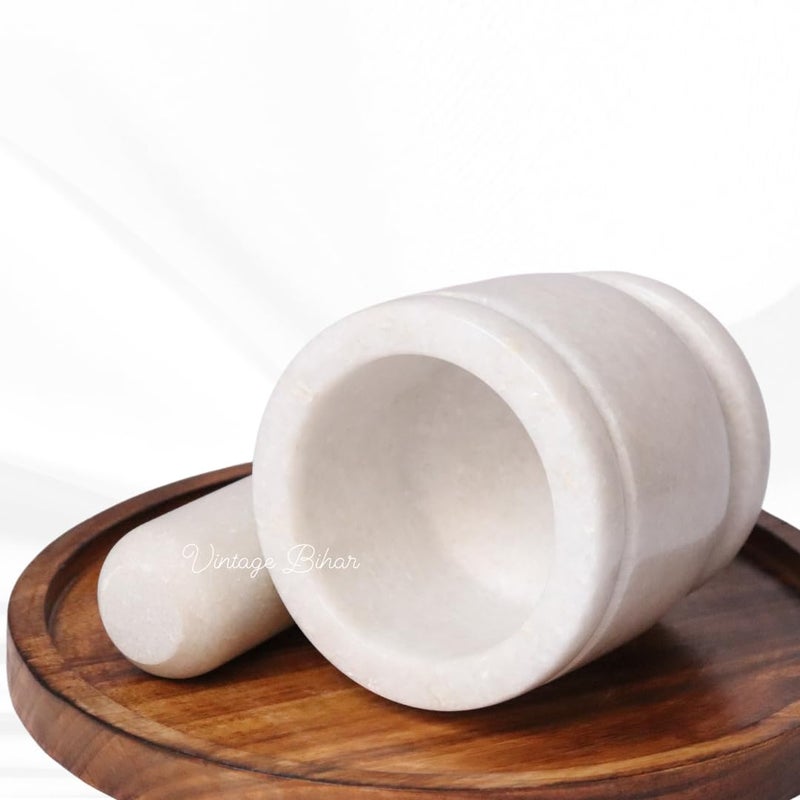 VintageBihar White Marble Mortar and Pestle Set Ideal for Grinding Spices and Herbs Imam Dasta Ohkli Musal KharalKhalbatta and Medicine Grinder Masher White 3x3 Inch - Image 4
