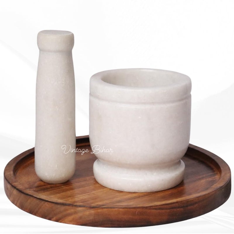 VintageBihar White Marble Mortar and Pestle Set Ideal for Grinding Spices and Herbs Imam Dasta Ohkli Musal KharalKhalbatta and Medicine Grinder Masher White 3x3 Inch - Image 5
