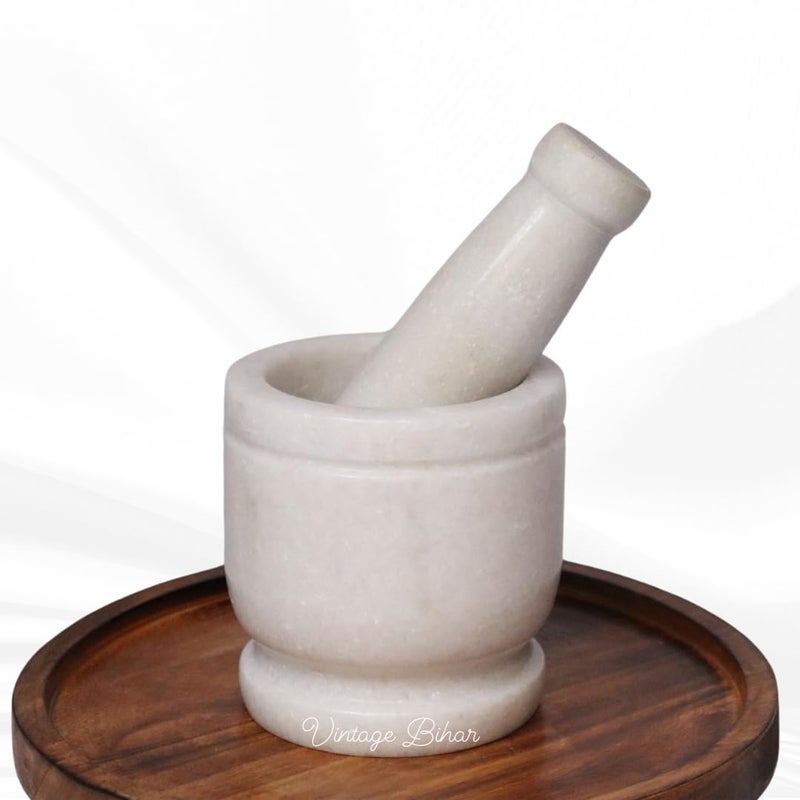 VintageBihar White Marble Mortar and Pestle Set Ideal for Grinding Spices and Herbs Imam Dasta Ohkli Musal KharalKhalbatta and Medicine Grinder Masher White 3x3 Inch - Image 2