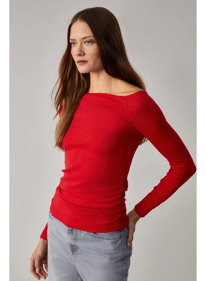 Grimelange SISSI Women's Organic Cotton Asymmetric Neckline Ruffled Flexible Fabric Red Blouse.