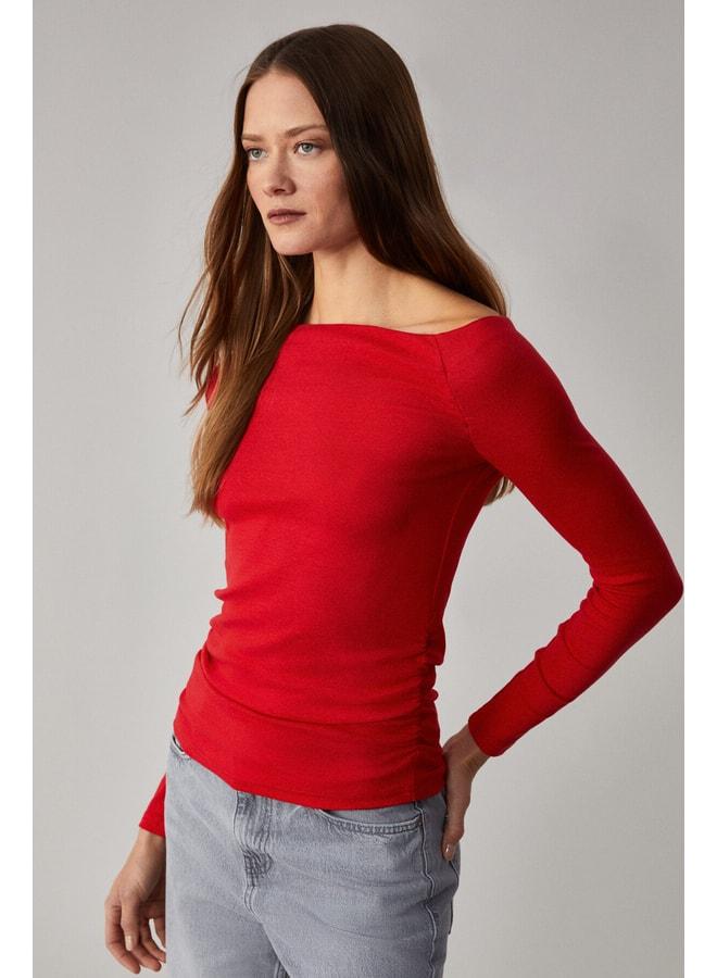 GRIMELANGE SISSI Women's Organic Cotton Asymmetric Neckline Ruffled Flexible Fabric Red Blouse. - Image 1
