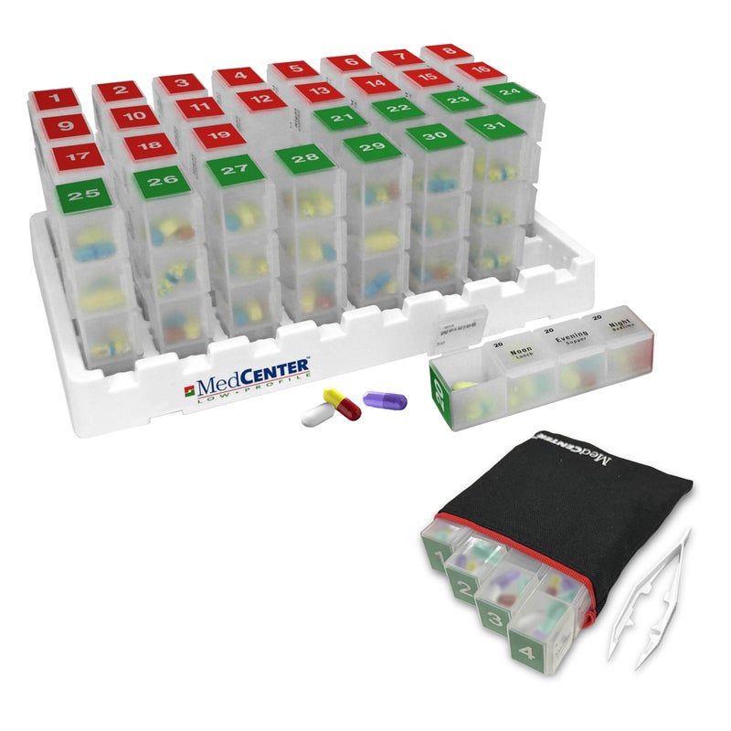 MedCenter 31-Day HSA/FSA Low Profile Pill Organizer with Travel Pouch & Tweezers â€“ Monthly Medication Management System with Daily Labeled Pill Boxes for Home & Travel Use - Image 1
