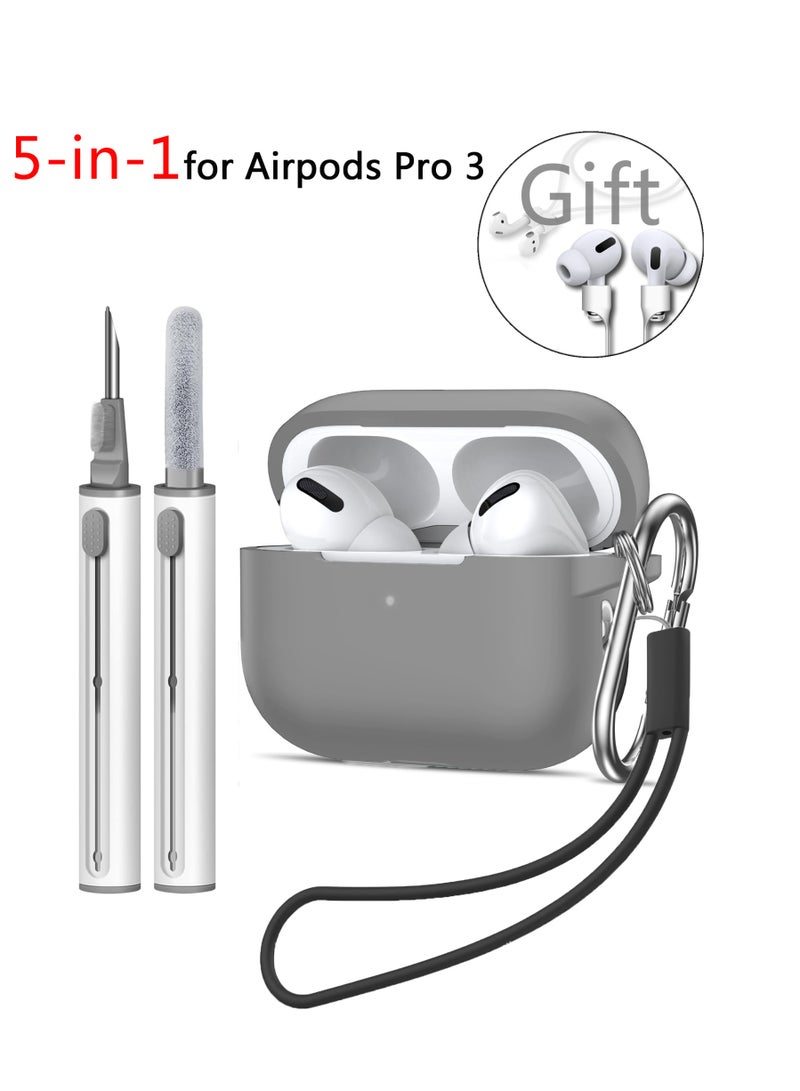 Silicone Protective Case Cover for AirPods Pro 3 with Cleaner Kit, Keychain for Women Men,Suitable for 3nd Generation Case Gift Sports lanyard（Grey） - Image 1