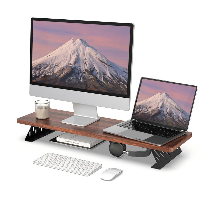 Fenge Monitor Stand Riser, Desk Top Shelf for 2 Monitors, Computer Stands for Desk, Wood & Steel Desktop Riser for Laptop, PC, Printer - Image 1
