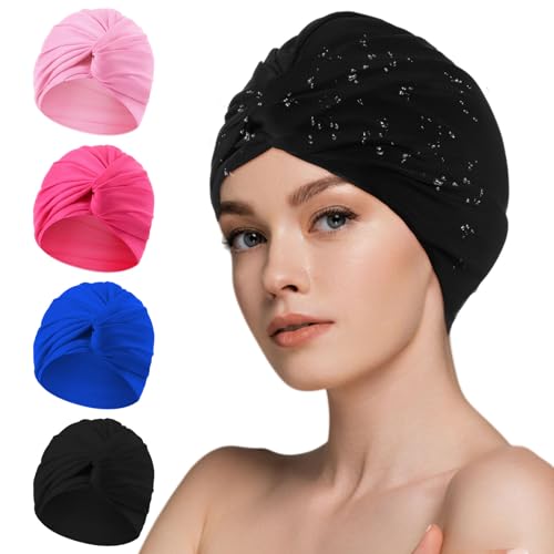 Shyyween 4 Pcs Swim Turban for Women Not Waterproof Polyester Swimming Caps Strong NonSlip Hat Elastic Pool Cap for Long and Short Hair Pool Beach Pink Blue Rose Red Black - Image 1