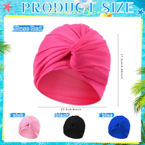 Shyyween 4 Pcs Swim Turban for Women Not Waterproof Polyester Swimming Caps Strong NonSlip Hat Elastic Pool Cap for Long and Short Hair Pool Beach Pink Blue Rose Red Black - Image 3