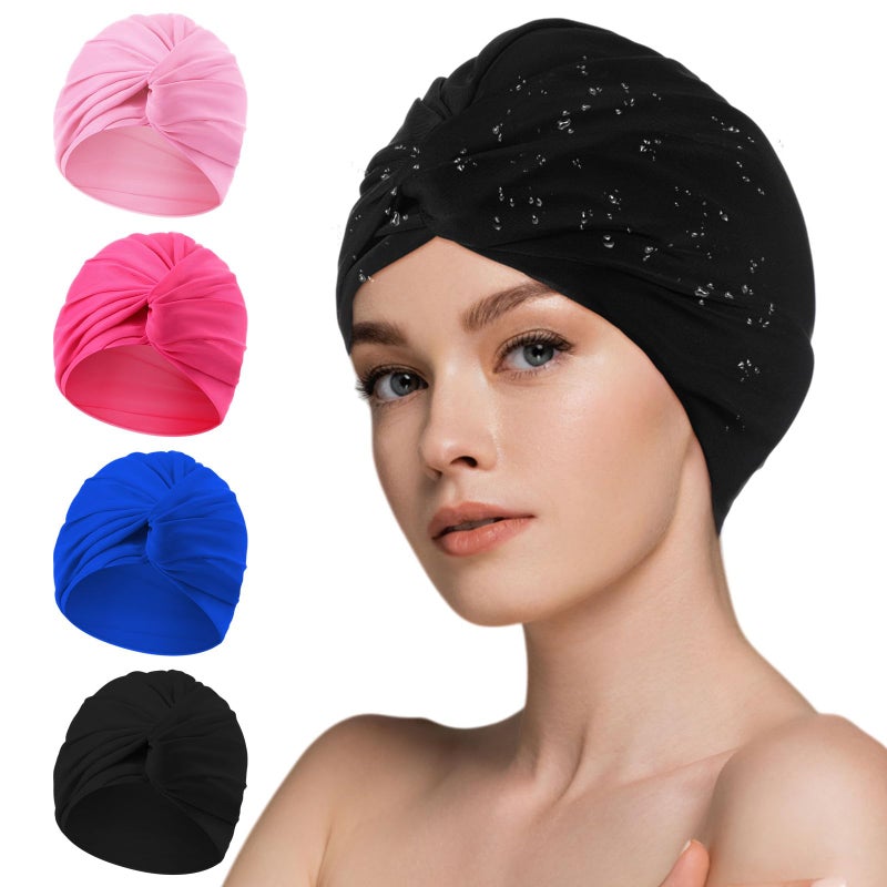 Shyyween 4 Pcs Swim Turban for Women Not Waterproof Polyester Swimming Caps Strong NonSlip Hat Elastic Pool Cap for Long and Short Hair Pool Beach Pink Blue Rose Red Black - Image 2