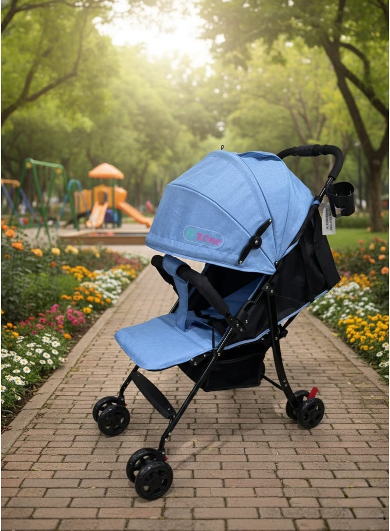 متجر ان زون عربة أطفال خفيفة وقابلة للطي من بيبي زون - مثالية للسفر والتنقل، مزودة بمظلة، سلة تخزين وحامل أكواب-لون ازرق - Image 1