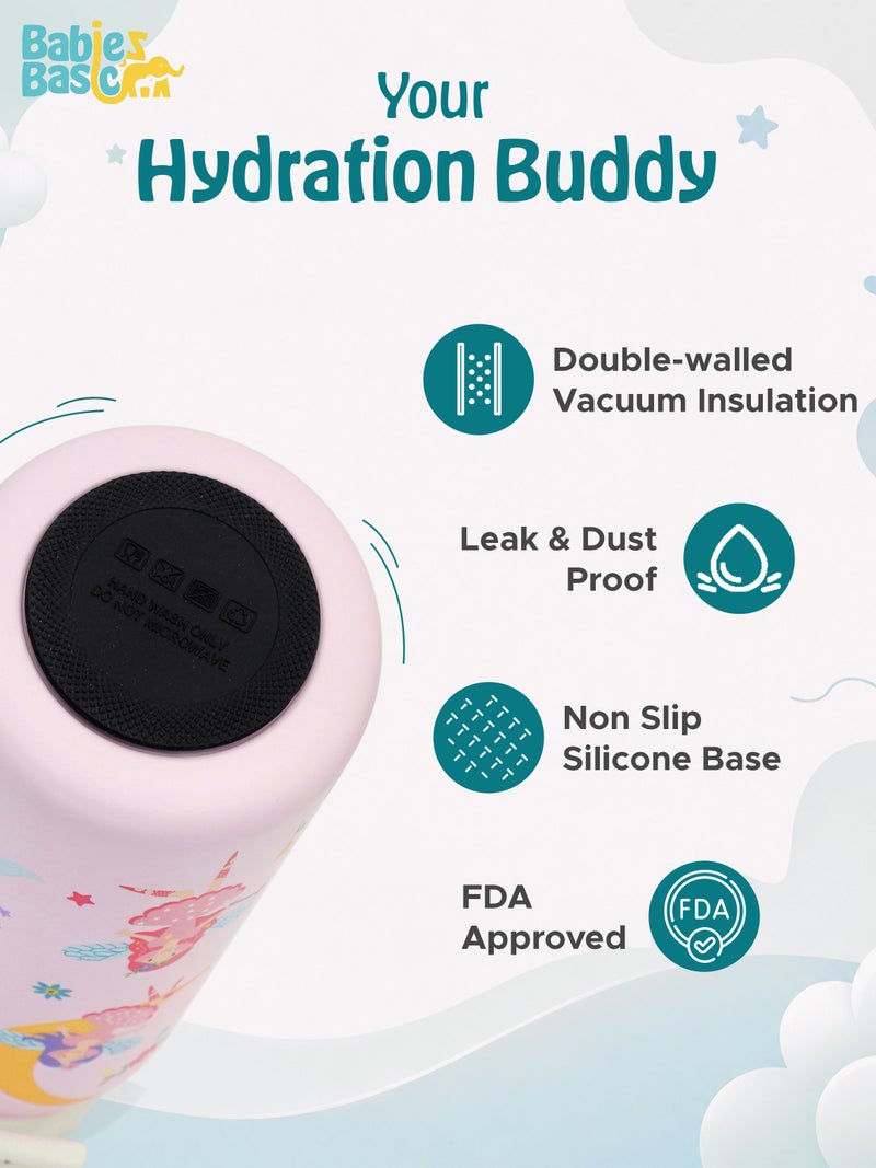 Babies Basic Kids Stainless Steel Water Bottle with Straw - 350ml – Double Wall Vacuum Insulated, Leakproof Thermal Flask, BPA-Free, Reusable Drinking Bottle for School & Travel - Princess Themed - Pink - Image 5