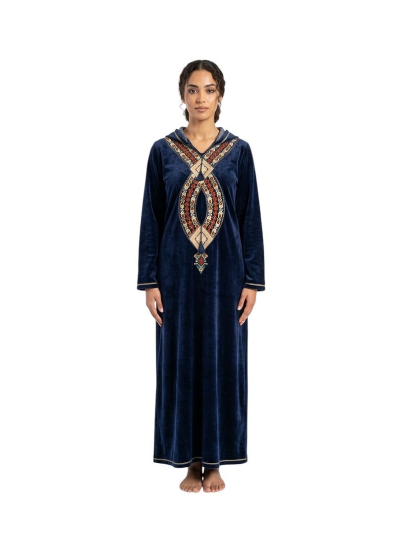 zecotex  Women’s Cotton Velvet Long Home Jalabiya with Hood & Elegant Moroccan Oriental Embroidery - Navy Blue - Image 1