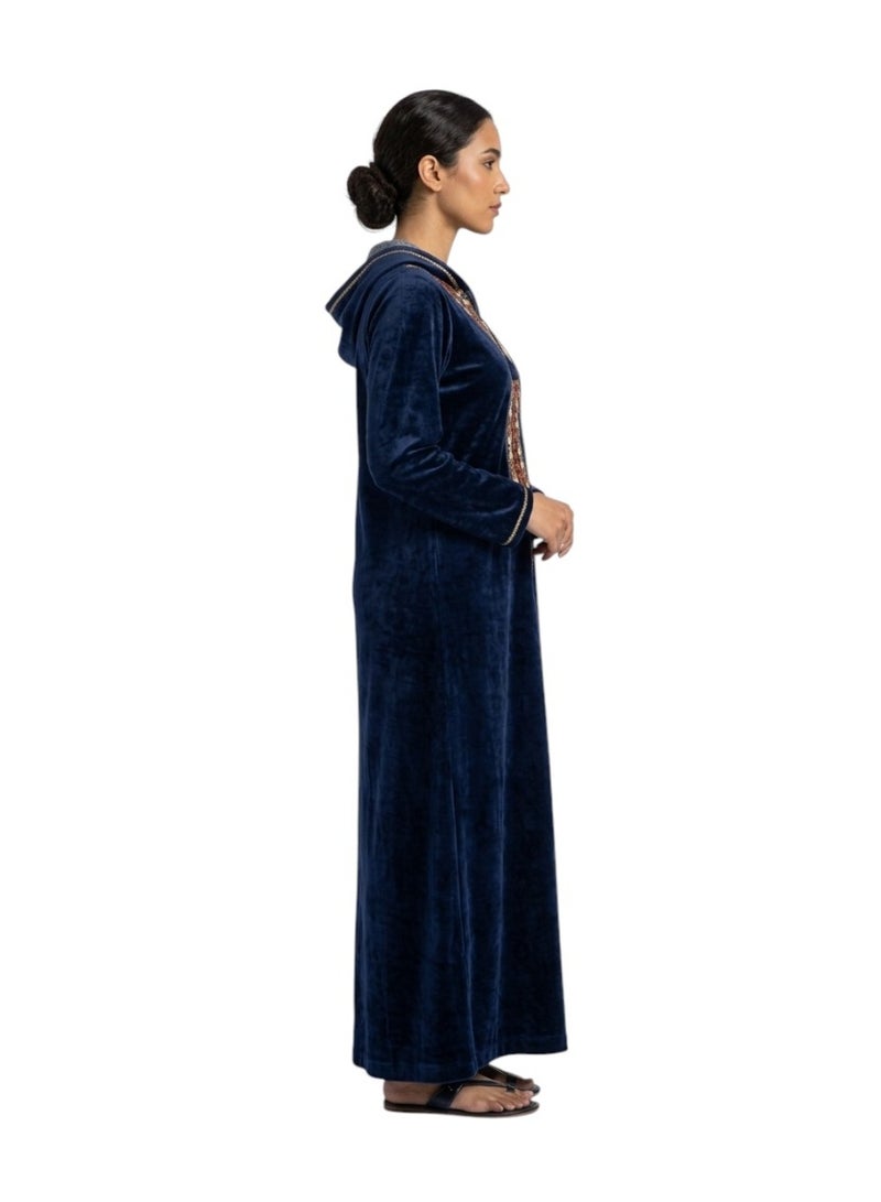 zecotex  Women’s Cotton Velvet Long Home Jalabiya with Hood & Elegant Moroccan Oriental Embroidery - Navy Blue - Image 3