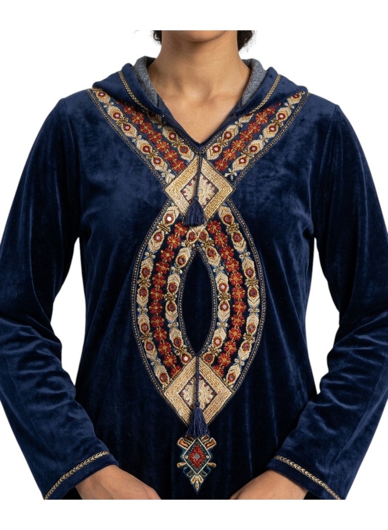zecotex  Women’s Cotton Velvet Long Home Jalabiya with Hood & Elegant Moroccan Oriental Embroidery - Navy Blue - Image 2