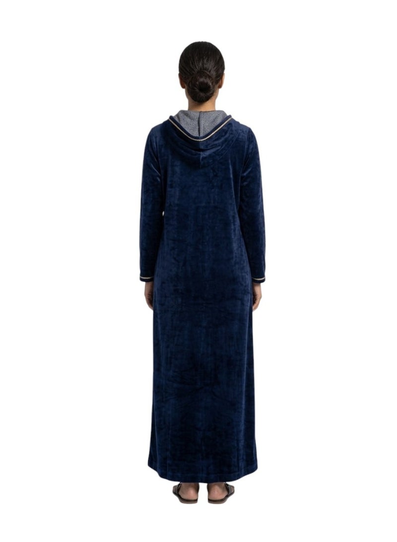 zecotex  Women’s Cotton Velvet Long Home Jalabiya with Hood & Elegant Moroccan Oriental Embroidery - Navy Blue - Image 4