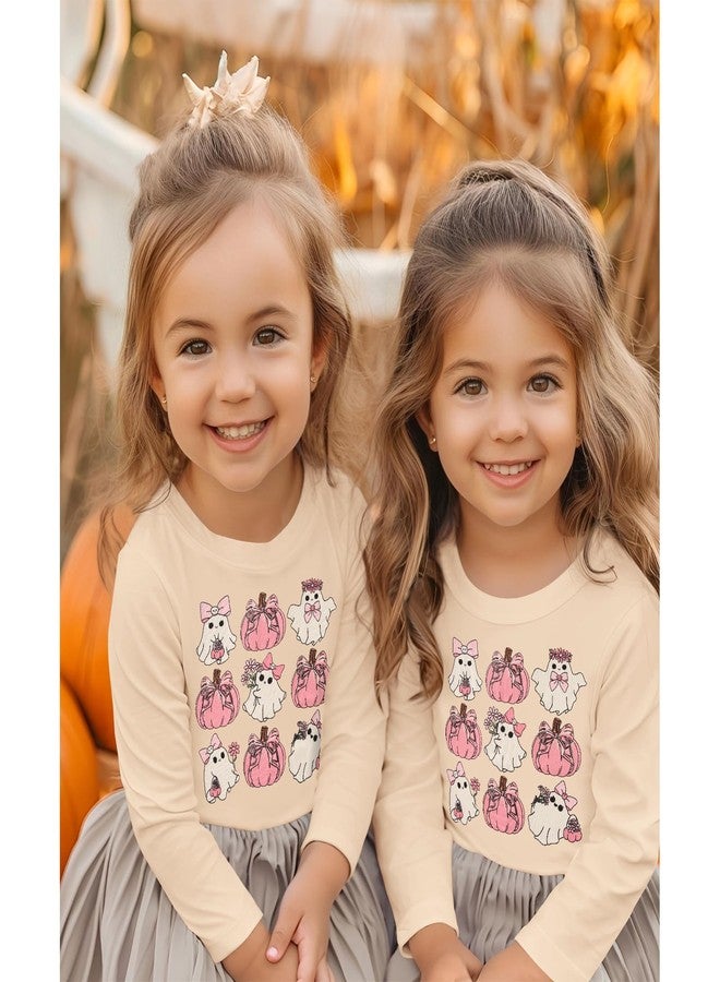 KEKEMI Toddler Girls Halloween Shirts Bow Floral Ghost Long Sleeve T-Shirt Cute Pumpkin Tees Fall Tops Spooky Season Outfit(Beige,3-4T) - Image 5