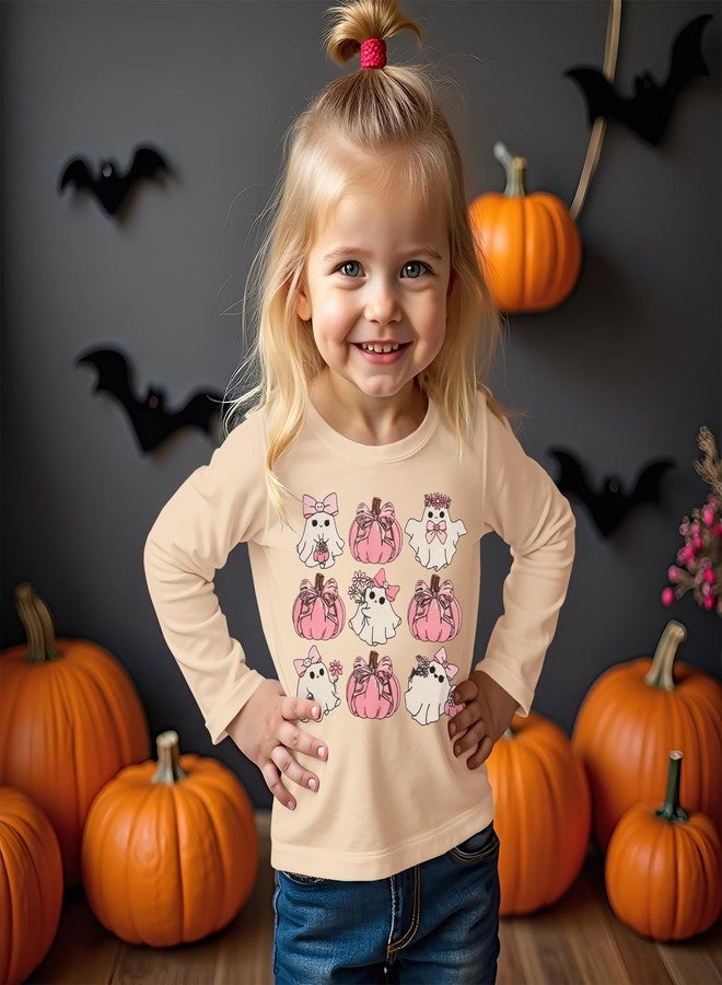 KEKEMI Toddler Girls Halloween Shirts Bow Floral Ghost Long Sleeve T-Shirt Cute Pumpkin Tees Fall Tops Spooky Season Outfit(Beige,3-4T) - Image 2