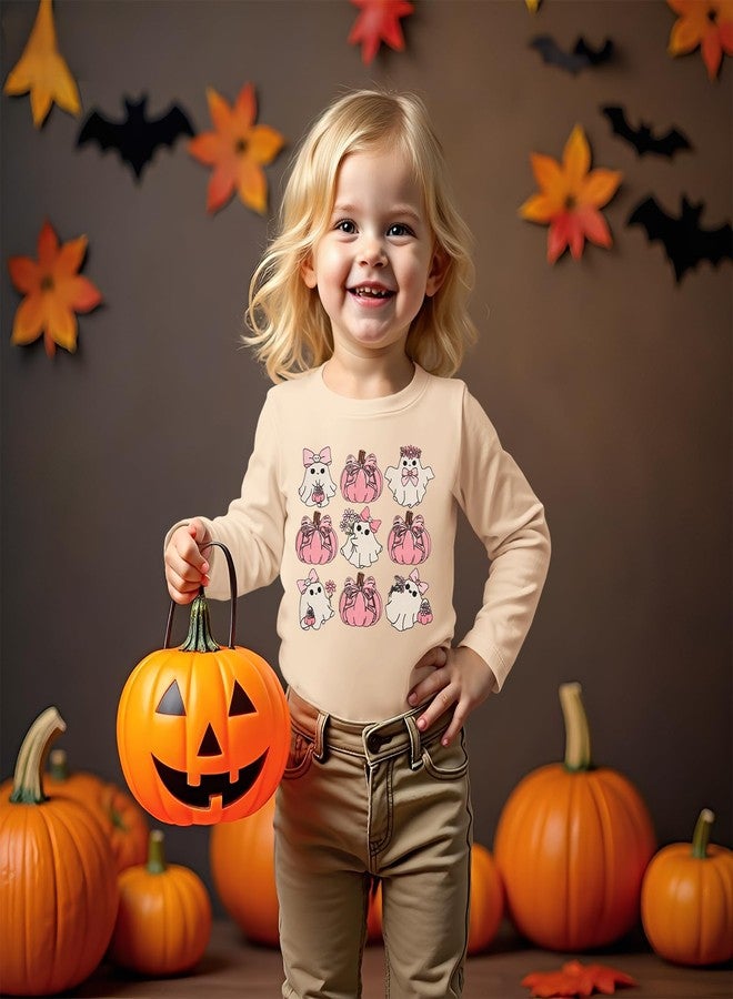 KEKEMI Toddler Girls Halloween Shirts Bow Floral Ghost Long Sleeve T-Shirt Cute Pumpkin Tees Fall Tops Spooky Season Outfit(Beige,3-4T) - Image 4