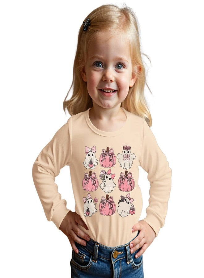 KEKEMI Toddler Girls Halloween Shirts Bow Floral Ghost Long Sleeve T-Shirt Cute Pumpkin Tees Fall Tops Spooky Season Outfit(Beige,3-4T) - Image 1