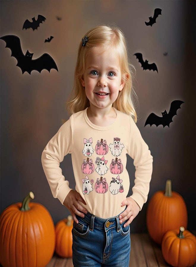 KEKEMI Toddler Girls Halloween Shirts Bow Floral Ghost Long Sleeve T-Shirt Cute Pumpkin Tees Fall Tops Spooky Season Outfit(Beige,3-4T) - Image 3