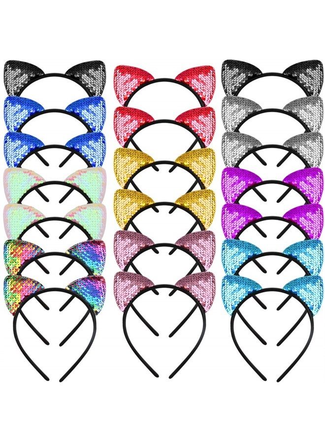 WXJ13 20 Pieces Cat Ears Headbands Reversible sequin headband Cute Cat Headbands - Image 1