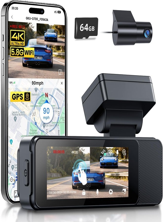 GKU Dash Cam Front and Rear, 3.18'' Touchscreen, 4K+1080P Dashcam, Built-in GPS, 5.8GHz WiFi Dash Camera for Cars with 24H Parking Monitor, Night Vision, WDR, Supports 512GB Max - Image 1