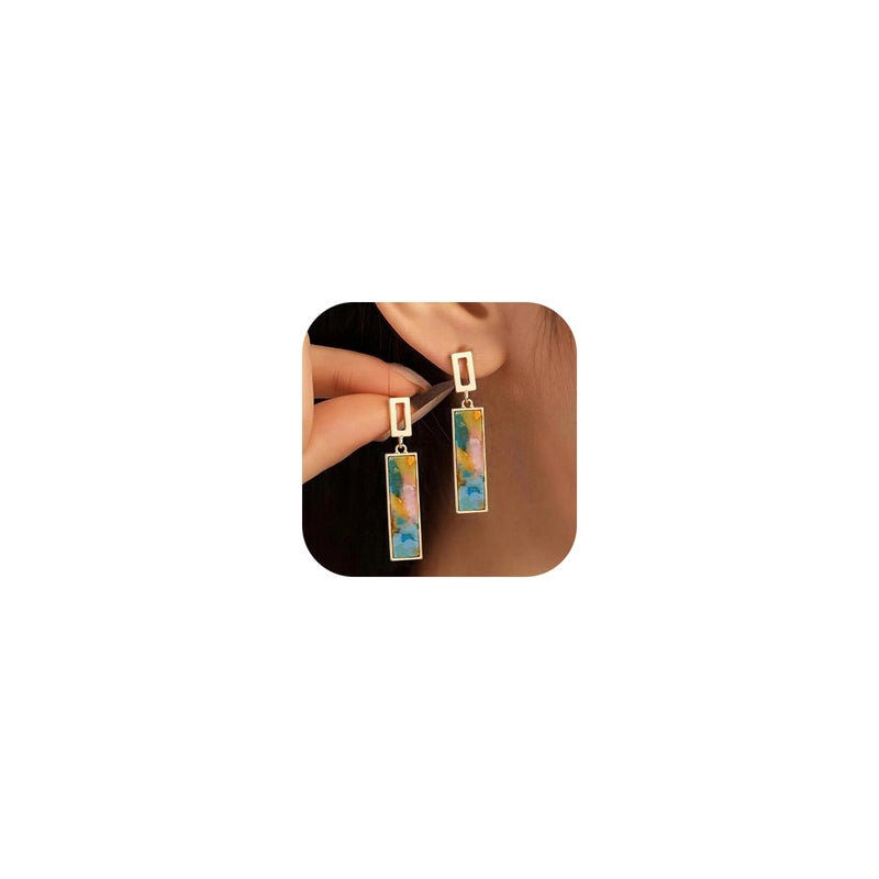 Coiris Clip on Dangle Earrings for women Colorful Rectangle Geometric Resin Dangle Boho Hypoallergenic Nonpierced Earrings for Sensitive Non-Pierced Ears - Image 1