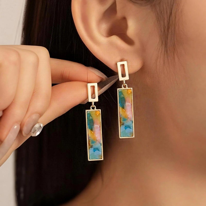 Coiris Clip on Dangle Earrings for women Colorful Rectangle Geometric Resin Dangle Boho Hypoallergenic Nonpierced Earrings for Sensitive Non-Pierced Ears - Image 2