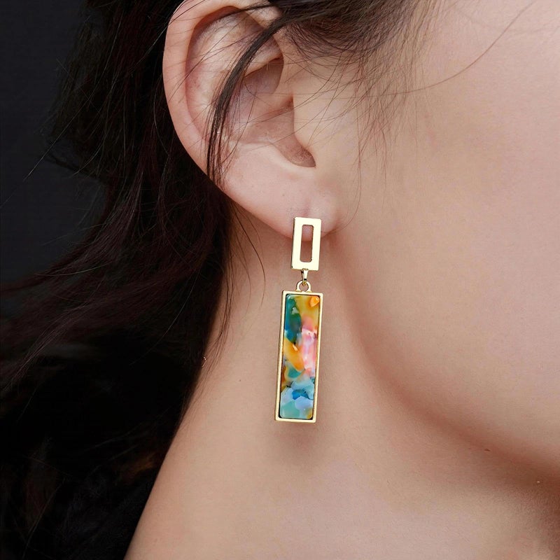 Coiris Clip on Dangle Earrings for women Colorful Rectangle Geometric Resin Dangle Boho Hypoallergenic Nonpierced Earrings for Sensitive Non-Pierced Ears - Image 3