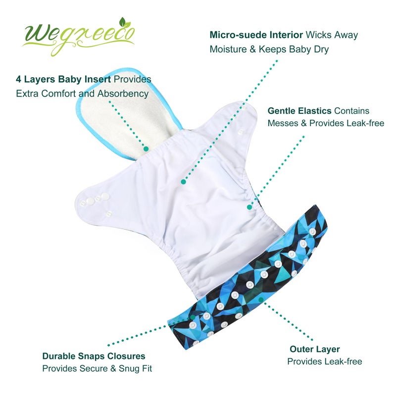 wegreeco Cloth Diapers 6 Pack with 6 Inserts, Washable Cloth Diapers for Babies, One Size Adjustable Reusable (with 1 Wet Bag,Boy Prints) - Image 3