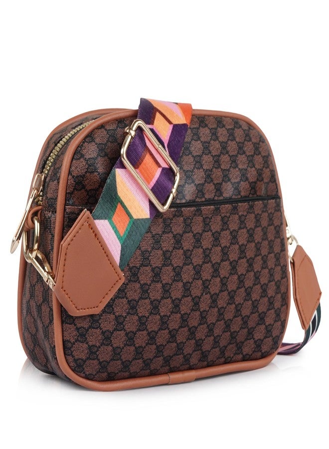 DANIEL CLARK Geometric Print Crossbody sling Bag with Adjustable Multicolor Strap (Brown & Black) - Image 1