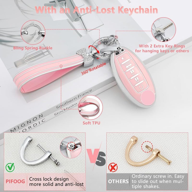 PIFOOG Key Fob Cover for Nissan 5 Button Pink Car Keys Shell Case Bling Keychain Protector Accessories for Altima Sentra Rogue Pathfinder Murano Armada Maxima Versa Soft TPU Girly Women - Image 4