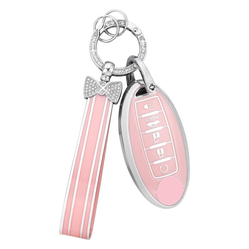 PIFOOG Key Fob Cover for Nissan 5 Button Pink Car Keys Shell Case Bling Keychain Protector Accessories for Altima Sentra Rogue Pathfinder Murano Armada Maxima Versa Soft TPU Girly Women - Image 1