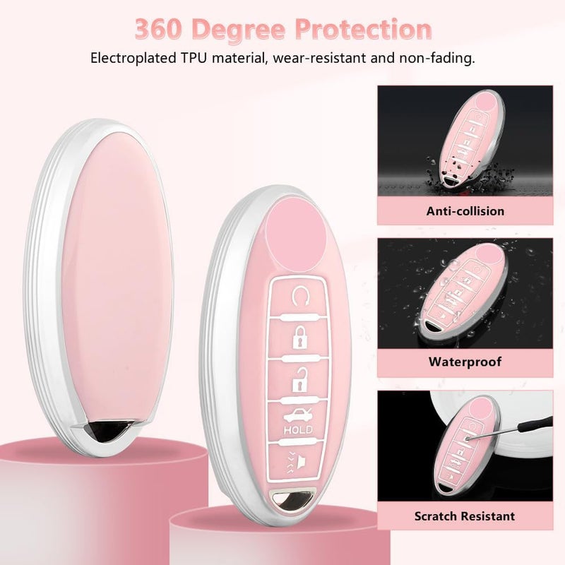 PIFOOG Key Fob Cover for Nissan 5 Button Pink Car Keys Shell Case Bling Keychain Protector Accessories for Altima Sentra Rogue Pathfinder Murano Armada Maxima Versa Soft TPU Girly Women - Image 3