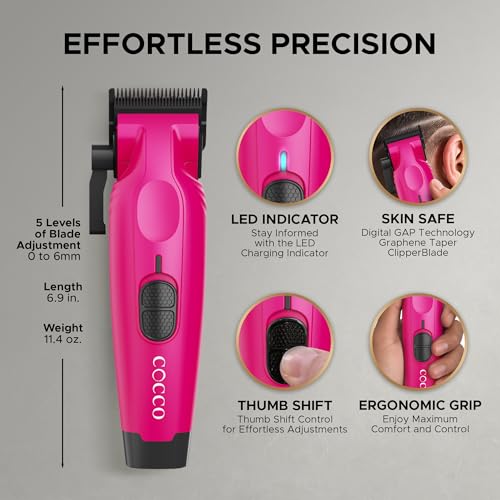 Cocco Hyper Veloce Pro Clipper, Digital Gap Ambassador Graphene Taper Blade Professional Hair Clippers, High-Torque BLDC Motor, All-Metal, Cordless, Charging Station Included (Pink) - Image 2