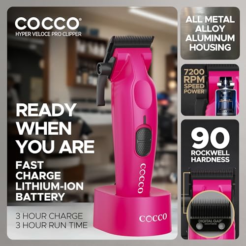 Cocco Hyper Veloce Pro Clipper, Digital Gap Ambassador Graphene Taper Blade Professional Hair Clippers, High-Torque BLDC Motor, All-Metal, Cordless, Charging Station Included (Pink) - Image 3