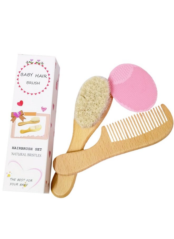 Molylove Molylove 3PCS Baby Hair Brush with Wooden Handle and Comb Set for Newborns & Toddlers | Natural Soft Goat Bristles l Wood comb l Pink Silicone Brush| Ideal for Cradle Cap  - Image 2