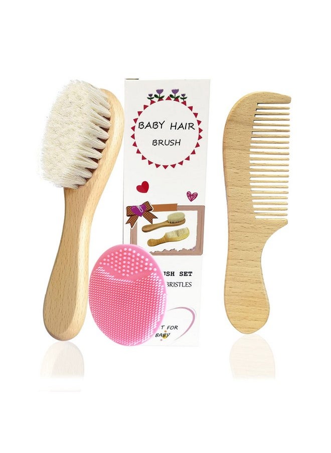 Molylove Molylove 3PCS Baby Hair Brush with Wooden Handle and Comb Set for Newborns & Toddlers | Natural Soft Goat Bristles l Wood comb l Pink Silicone Brush| Ideal for Cradle Cap  - Image 1