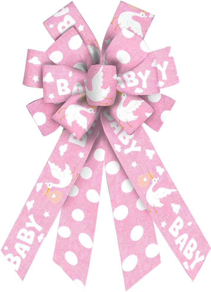 Threetols Baby Shower Wreath Bows, Pink Dot Bows for Wreath Baby Pink Decorative Bows for Front Welcome Home Shower Ornaments Hanging Wreath Bow for Indoor Outdoor Decor - Image 1