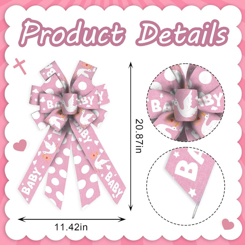 Threetols Baby Shower Wreath Bows, Pink Dot Bows for Wreath Baby Pink Decorative Bows for Front Welcome Home Shower Ornaments Hanging Wreath Bow for Indoor Outdoor Decor - Image 2