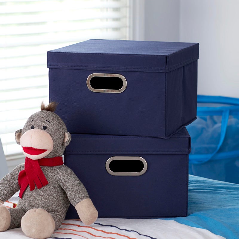 Household Essentials Fabric Storage Boxes with Lids and Handles, Blue - Image 2