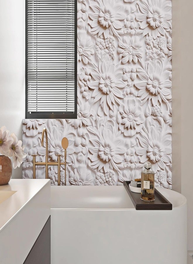 ReWallpaper ورق حائط ReWallpaper مقاس 17.5 بوصة × 39 قدمًا، قابل للتقشير واللصق، لون كريمي أبيض عتيق، منقوش بنقوش زهرية، ورق حائط ذاتي اللصق للحمام، مقاوم للماء، فن جداري ثلاثي الأبعاد مزيف، ورق اتصال مزخرف للخزائن - Image 2