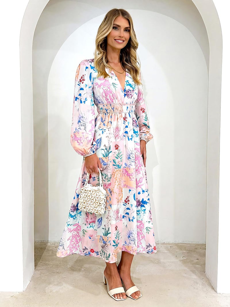 Maxigerui Women's Long Sleeve Floral Maxi Dress 2026 Spring Summer Wedding Guest Dress Pink Blue Pastel Floral M - Image 5