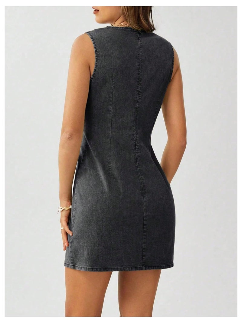 MakeMeChic Women's Denim Mini Dress Crew Neck Sleeveless Summer Cowboy Vintage Short Dresses Black Medium - Image 2