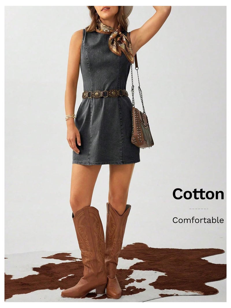MakeMeChic Women's Denim Mini Dress Crew Neck Sleeveless Summer Cowboy Vintage Short Dresses Black Medium - Image 5