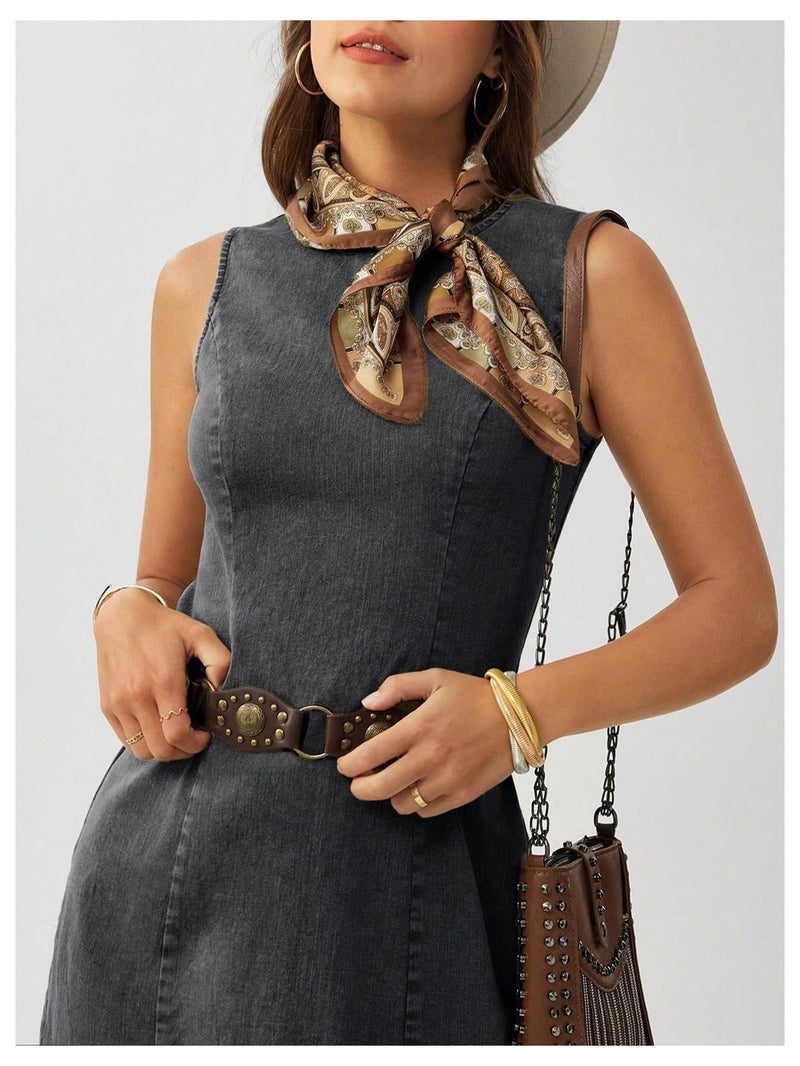 MakeMeChic Women's Denim Mini Dress Crew Neck Sleeveless Summer Cowboy Vintage Short Dresses Black Medium - Image 3