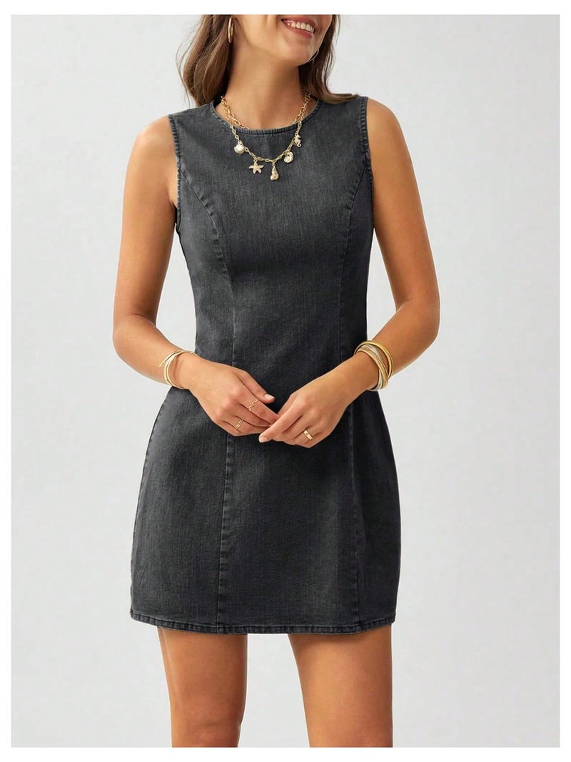 MakeMeChic Women's Denim Mini Dress Crew Neck Sleeveless Summer Cowboy Vintage Short Dresses Black Medium - Image 4