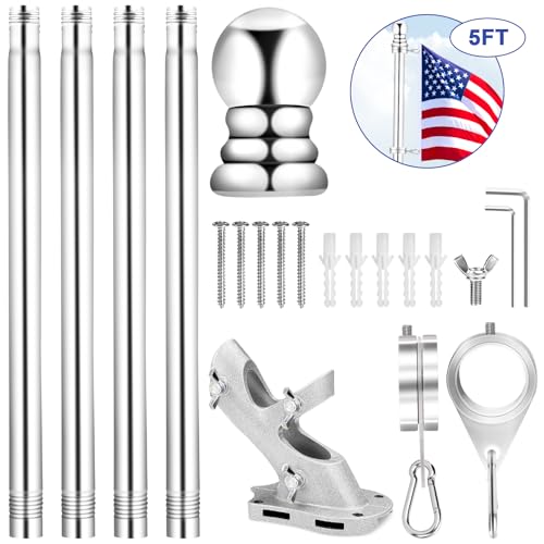 REERON House Flag Pole Kit, 5 FT Metal Spinning Flag Poles Kit, 1" Tangle Free Stainless Steel Flagpole with 360° Flagpole Rings & 2-Position Bracket for Outside House Porch Wall Mount for 3x5 Flag - Image 2